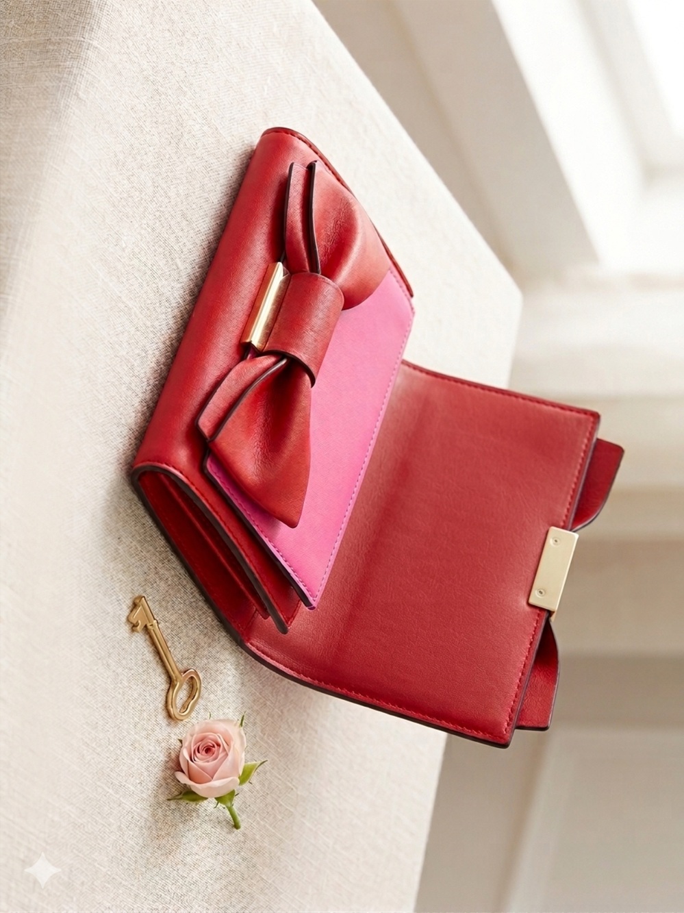 Red & Pink Bow-Accent Women's Leather Clutch